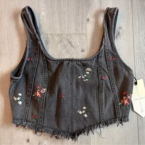 Ban Jara Black Denim Embroidered Crop Corset Top size Small
